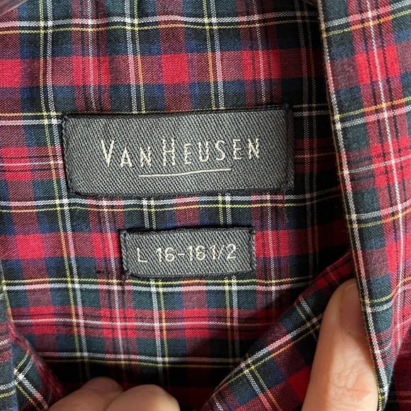 Van Heusen Men's Button Down Shirt L 16-16.5 Red Plaid Wrinkle Free Cotton Blend - Picture 4 of 7